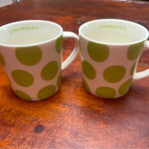 Starbucks Vintage 2005 White w/ Green Dots Ceramic Coffee Mug 14oz (x2)